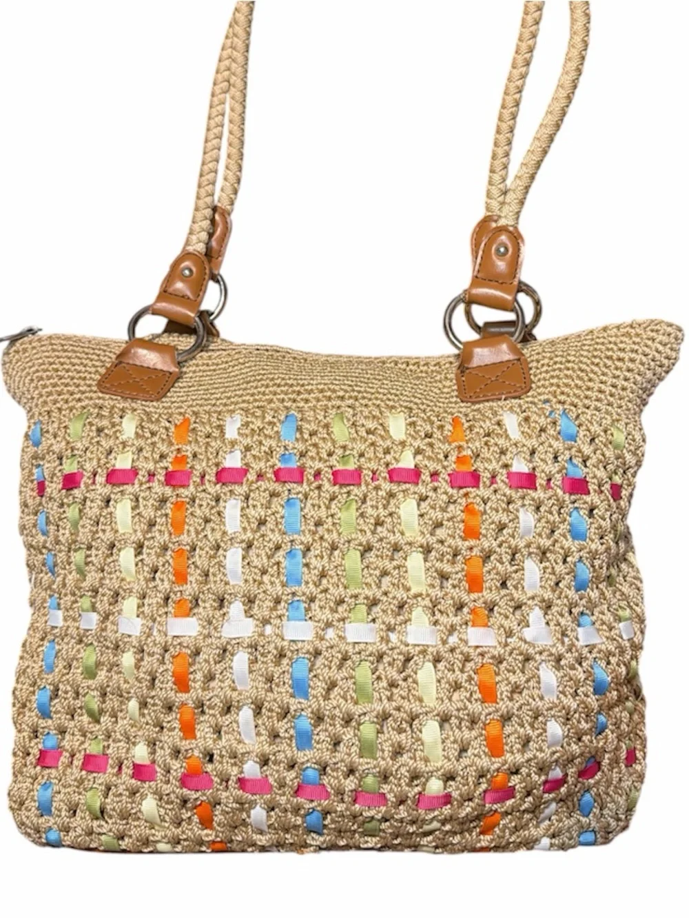 Woven Nylon Shoulder/Tote Bag with Multicolor Ribbon Accents
